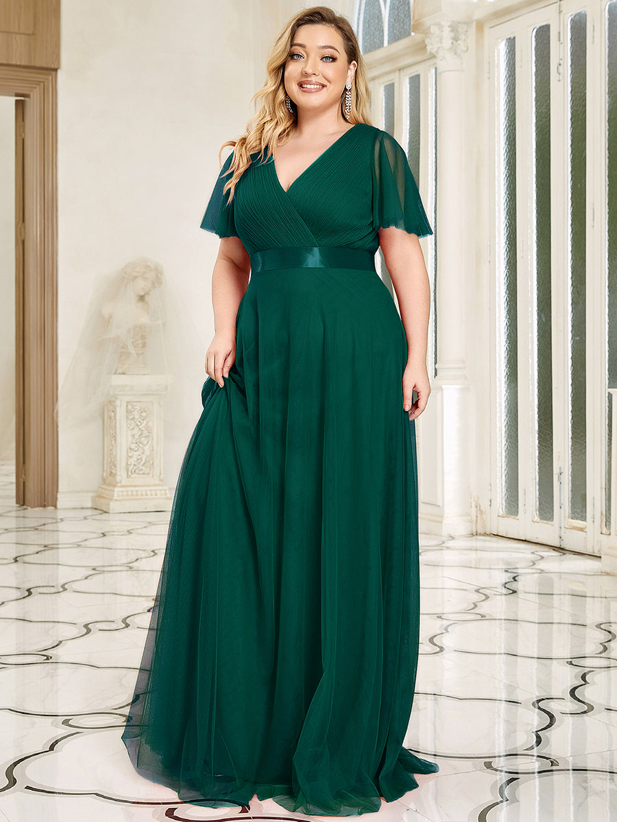 Plus Size V-Ausschnitt A-Linie Kurzarm Bodenlang Brautjungfernkleider #Farbe_Dunkelgrün