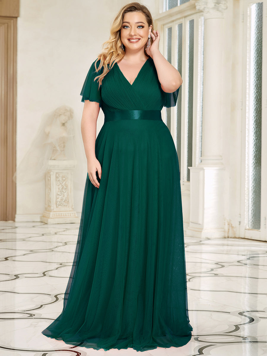 Plus Size V-Ausschnitt A-Linie Kurzarm Bodenlang Brautjungfernkleider #Farbe_Dunkelgrün