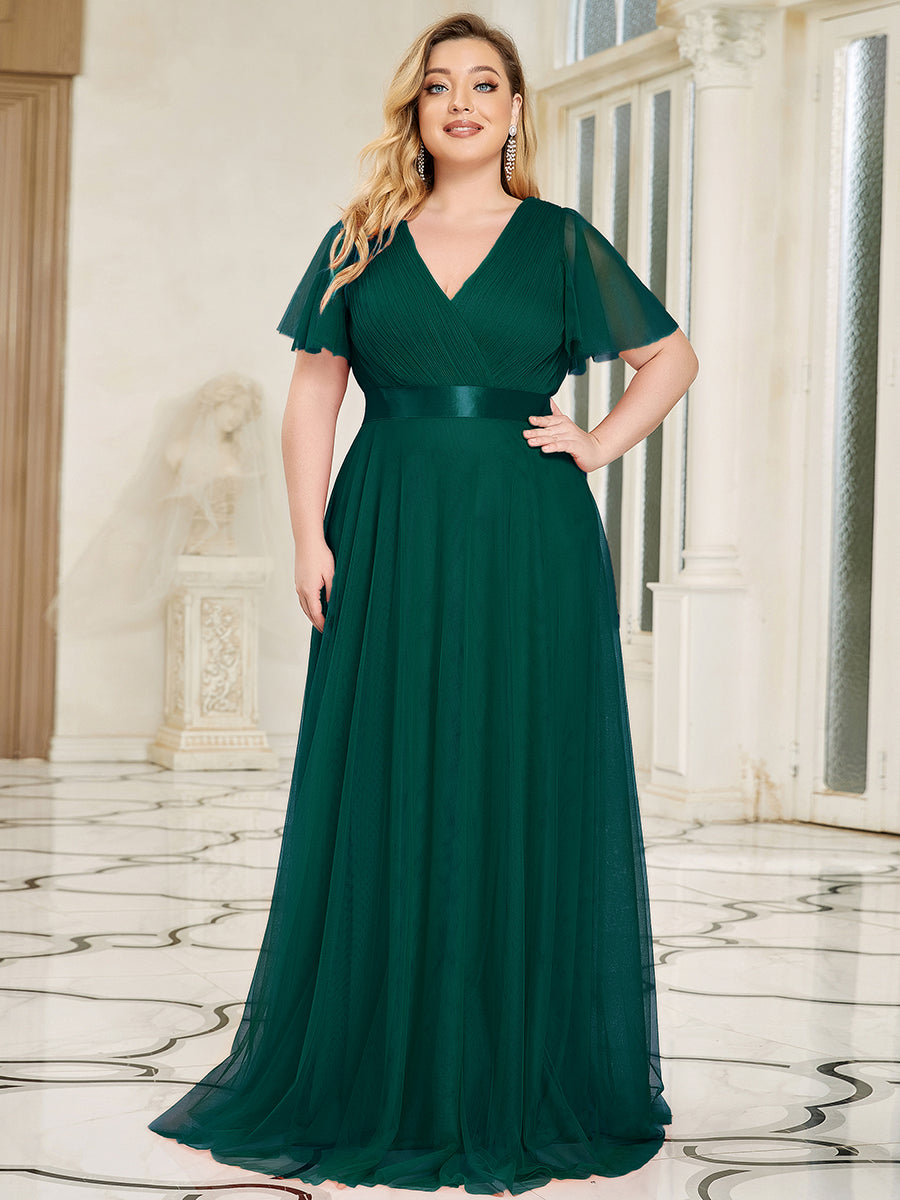 Plus Size V-Ausschnitt A-Linie Kurzarm Bodenlang Brautjungfernkleider #Farbe_Dunkelgrün