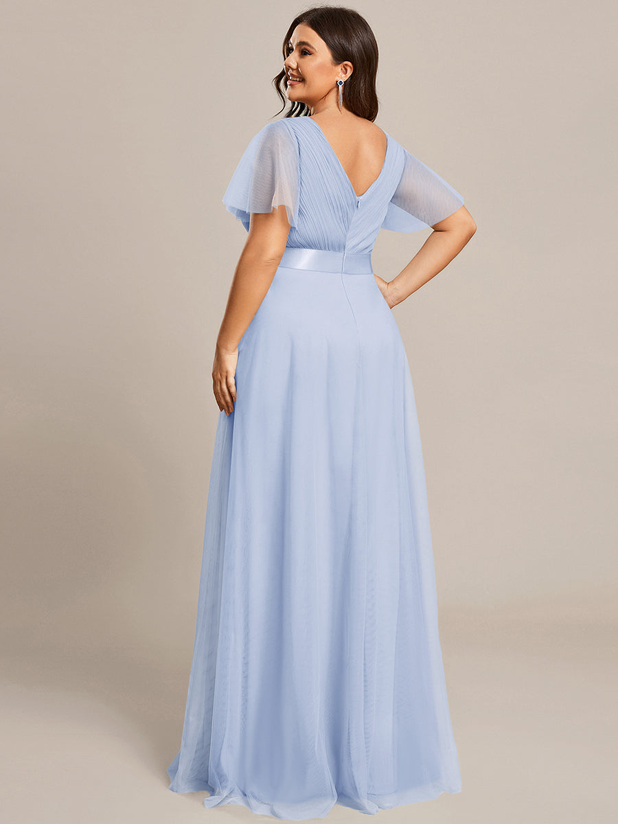 Plus Size V-Ausschnitt A-Linie Kurzarm Bodenlang Brautjungfernkleider #Farbe_Eisblau