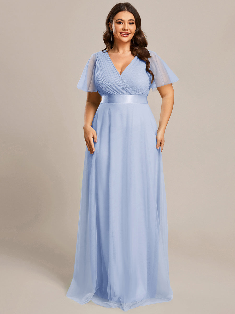 Plus Size V-Ausschnitt A-Linie Kurzarm Bodenlang Brautjungfernkleider #Farbe_Eisblau