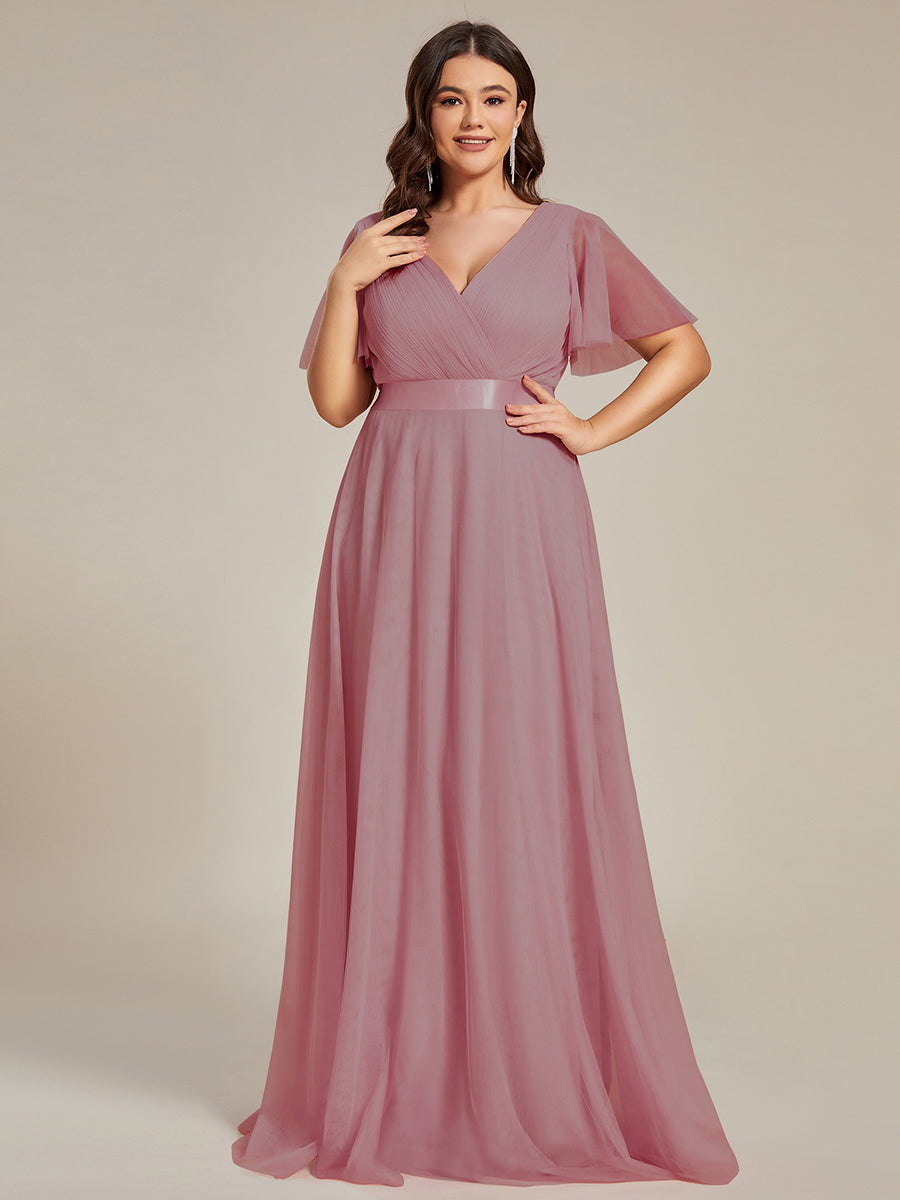 Plus Size V-Ausschnitt A-Linie Kurzarm Bodenlang Brautjungfernkleider #Farbe_Orchideenviolett