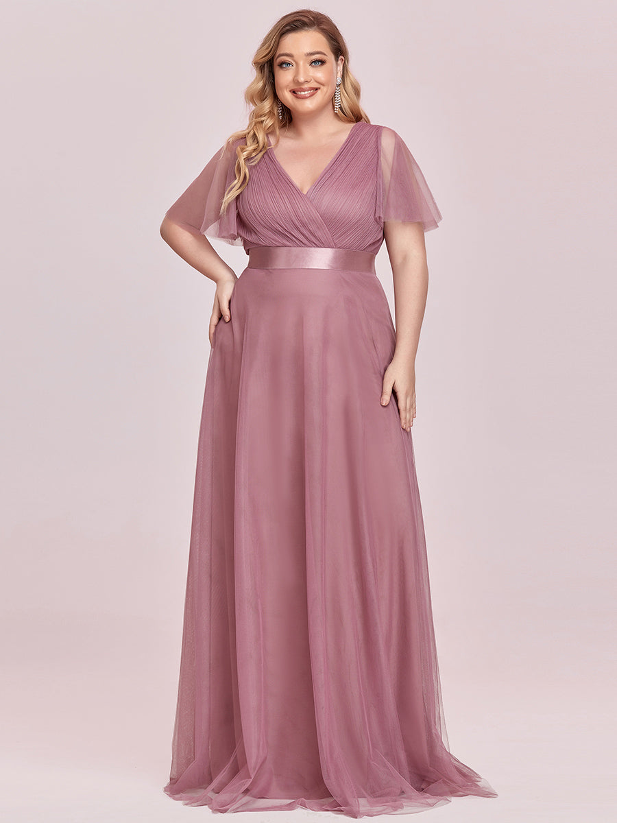 Plus Size V-Ausschnitt A-Linie Kurzarm Bodenlang Brautjungfernkleider #Farbe_Orchideenviolett