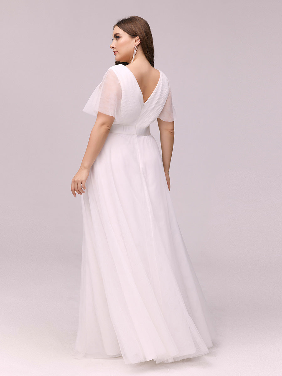 Plus Size V-Ausschnitt A-Linie Kurzarm Bodenlang Brautjungfernkleider #Farbe_Weiß