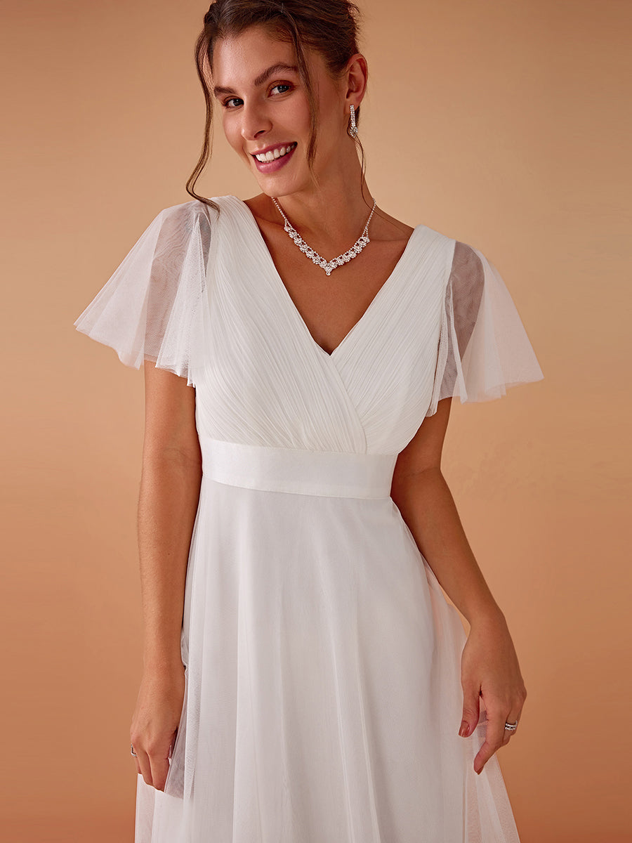 V-Ausschnitt A-Linie Kurzarm Bodenlang Brautjungfernkleider #Farbe_Weiß