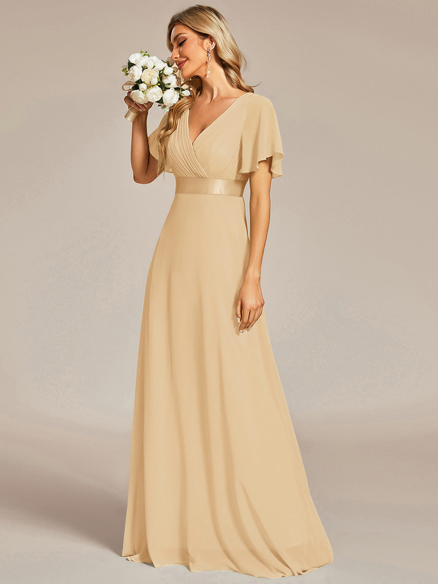 Minimalistisches A-Line Maxi Chiffon Brautkleid mit Satingürtel #Farbe_Champagner