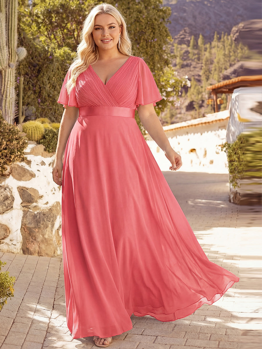 Damen V-Ausschnitt Lange Chiffon Abendkleider mit Schleppe #Farbe_Koralle