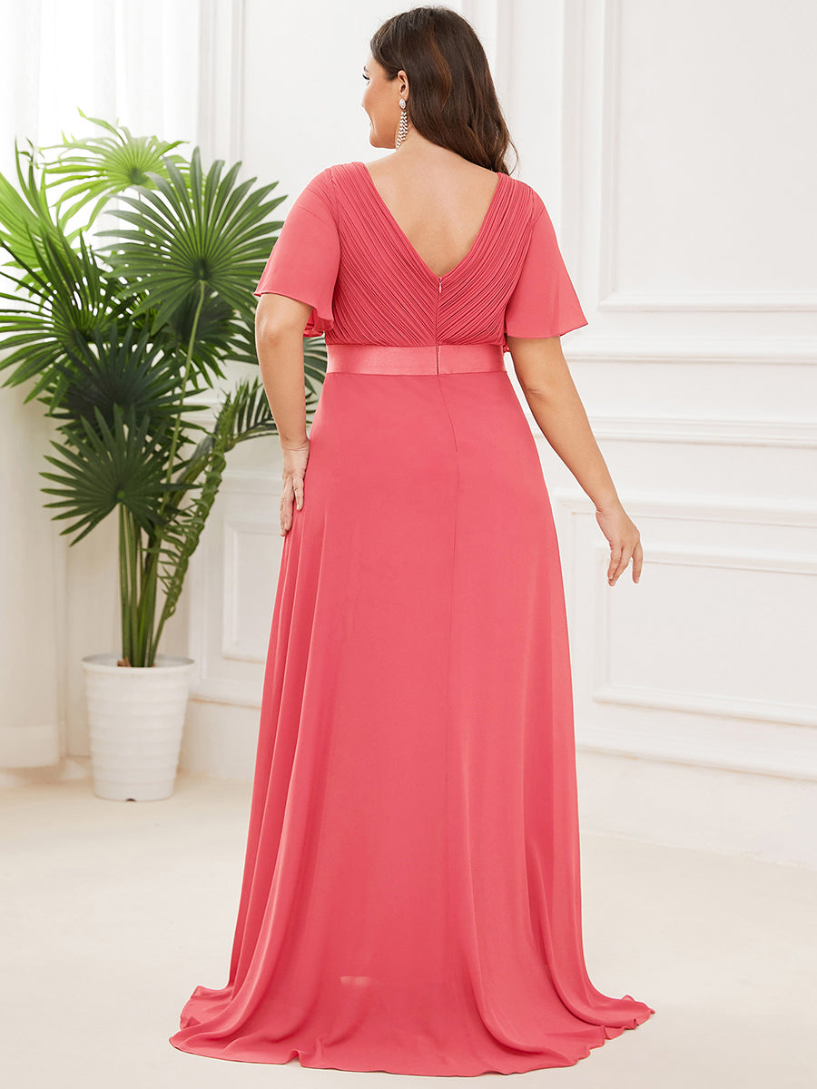 Langes Brautjungfernkleid mit Empire-Taille und kurzen, flatternden Ärmeln #Farbe_Koralle