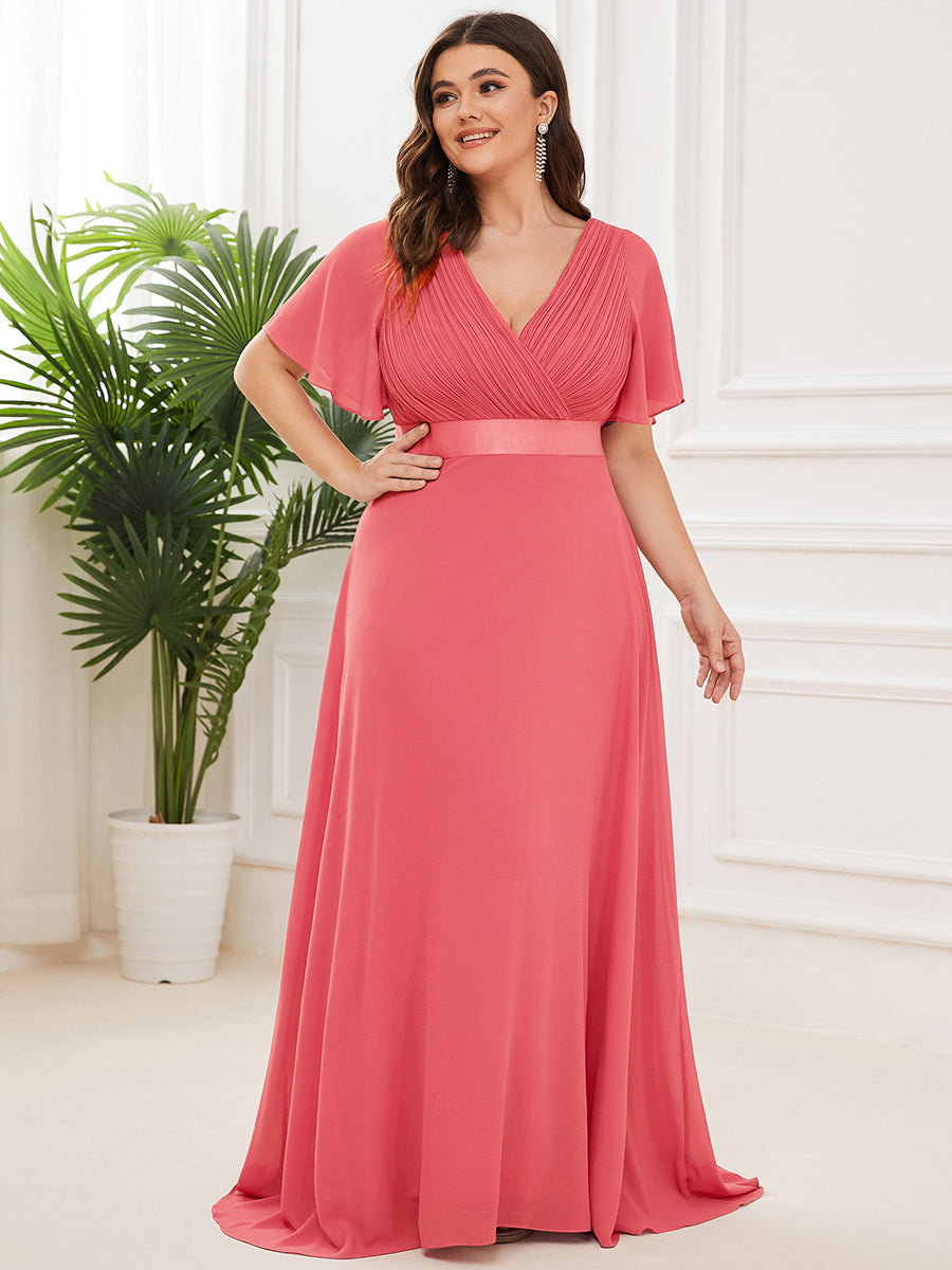 Damen V-Ausschnitt Lange Chiffon Abendkleider mit Schleppe #Farbe_Koralle