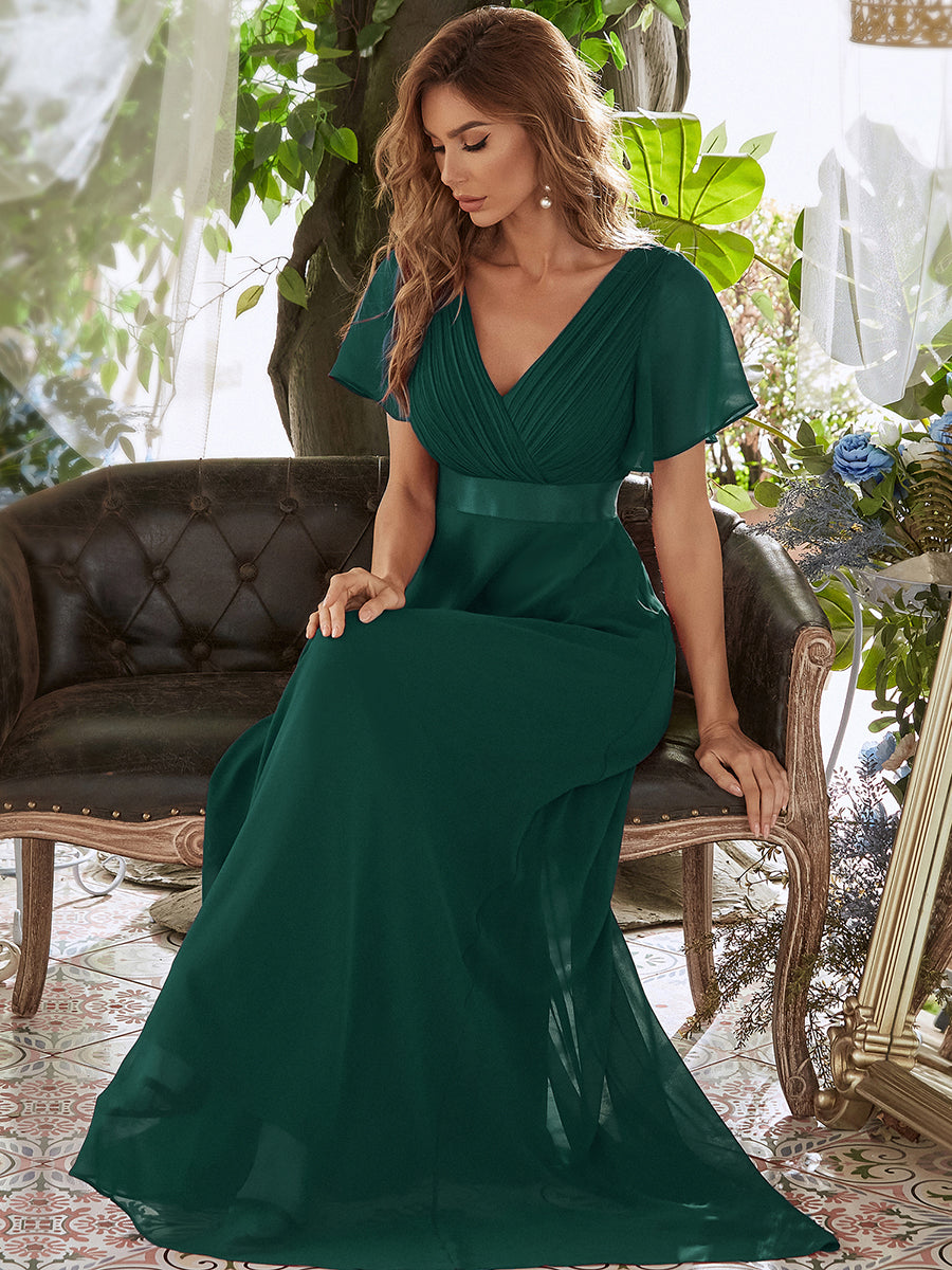 Elegantes Kleid für Hochzeitsgäste in A-Linie mit V-Ausschnitt und Flatterärmeln