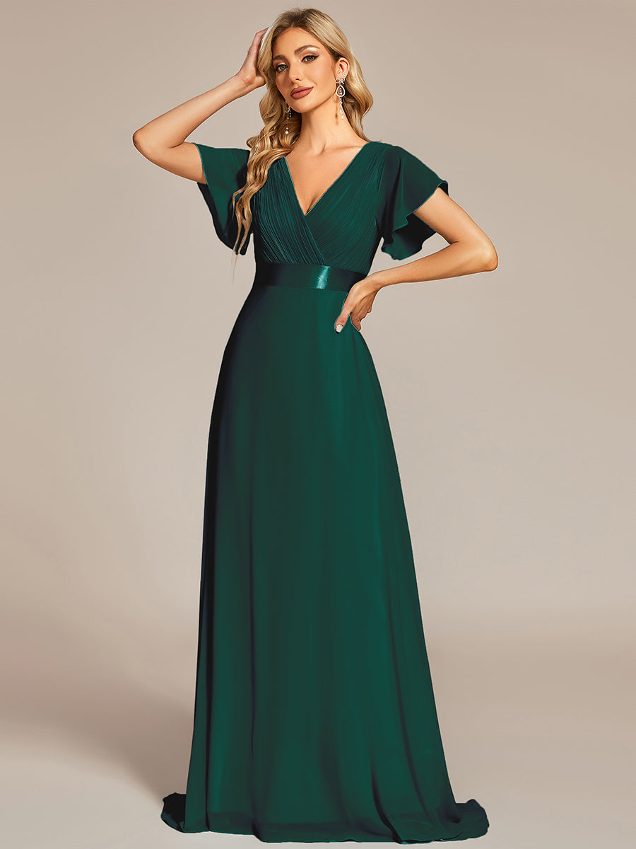 Elegantes Kleid für Hochzeitsgäste in A-Linie mit V-Ausschnitt und Flatterärmeln