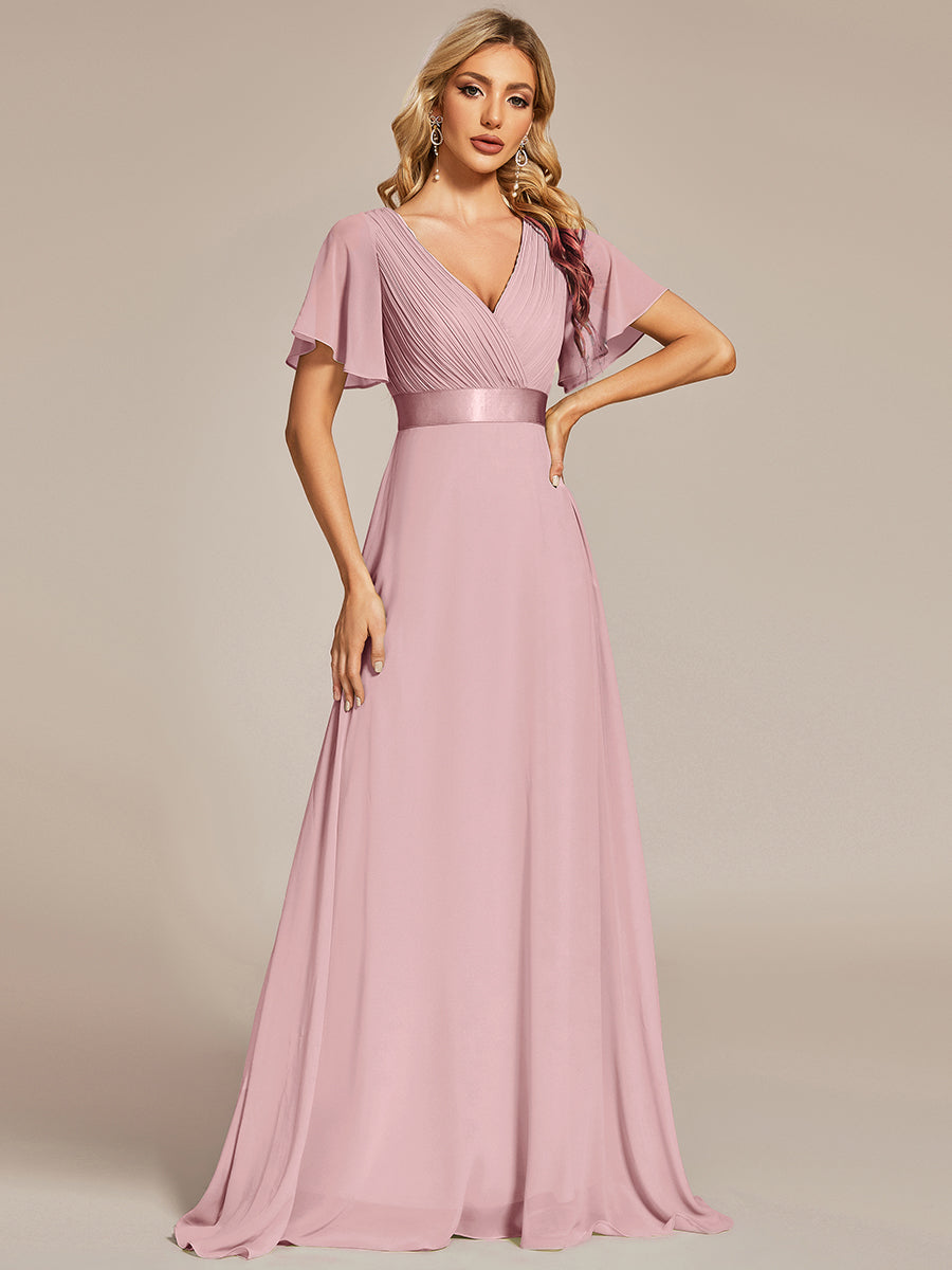 Langes Brautjungfernkleid mit Empire-Taille und kurzen, flatternden Ärmeln #Farbe_Altrosa