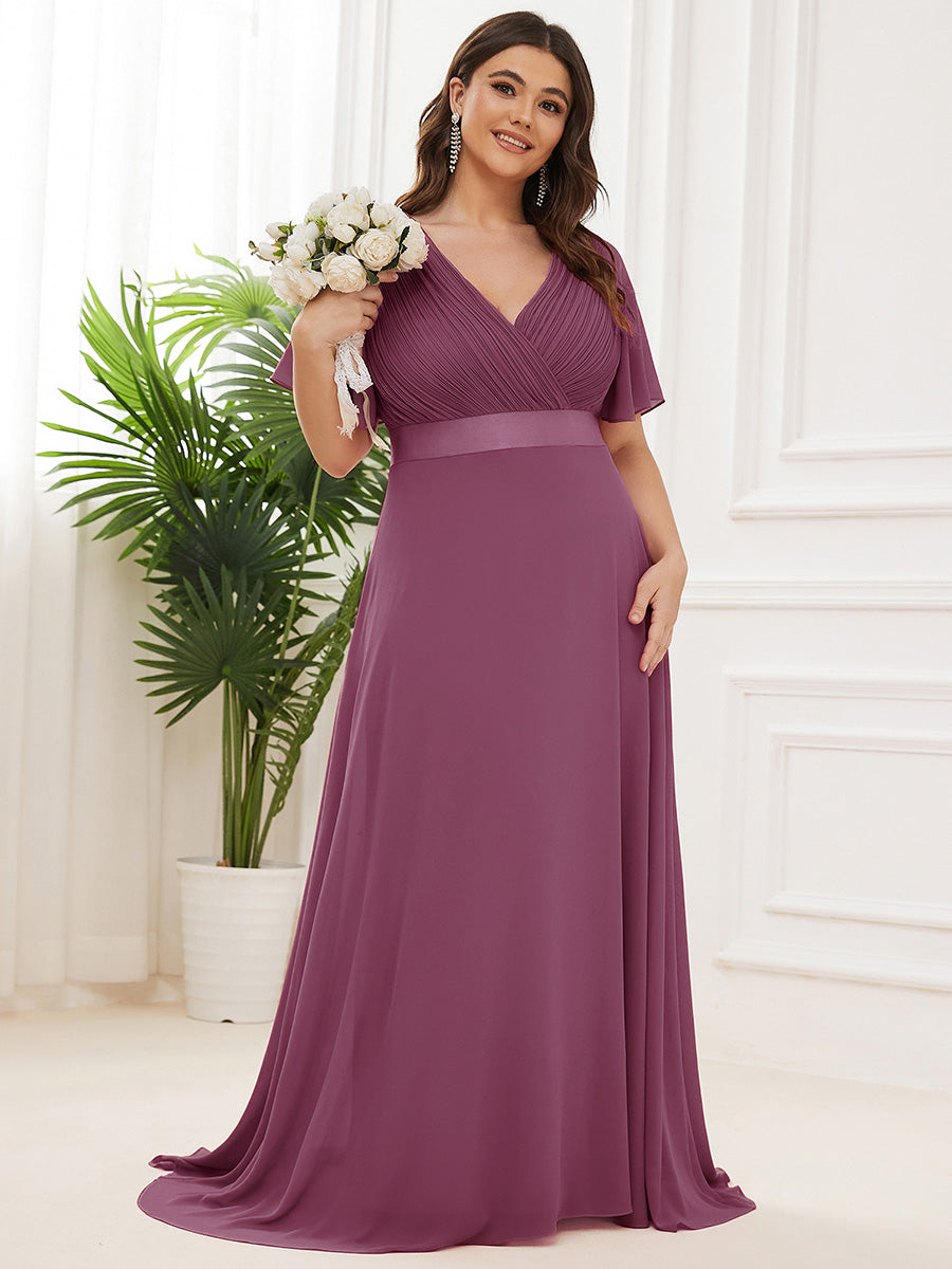 Minimalistisches A-Line Maxi Chiffon Brautkleid mit Satingürtel #Farbe_Pflaumenviolett