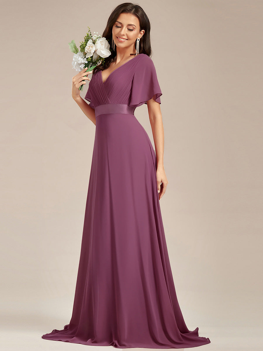 Minimalistisches A-Line Maxi Chiffon Brautkleid mit Satingürtel #Farbe_Pflaumenviolett