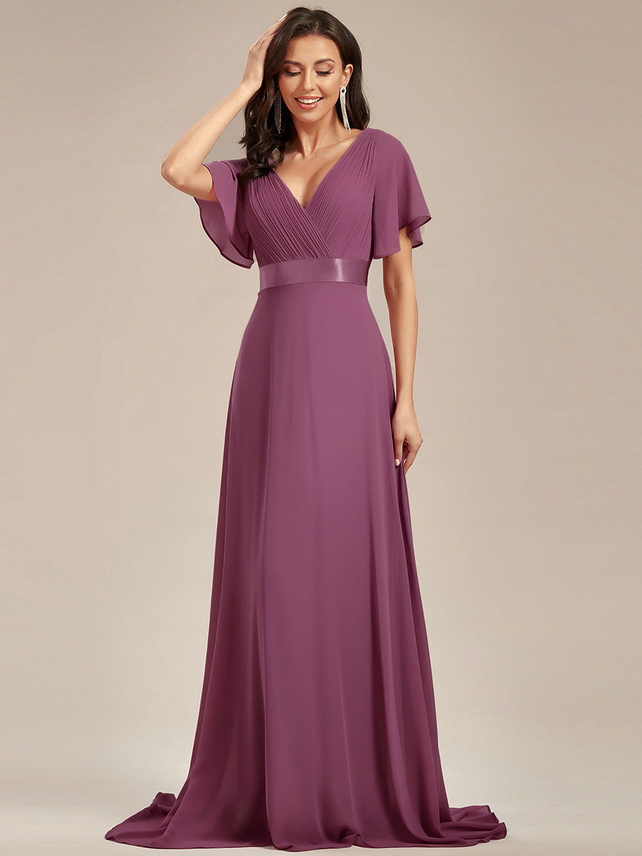 Minimalistisches A-Line Maxi Chiffon Brautkleid mit Satingürtel #Farbe_Pflaumenviolett