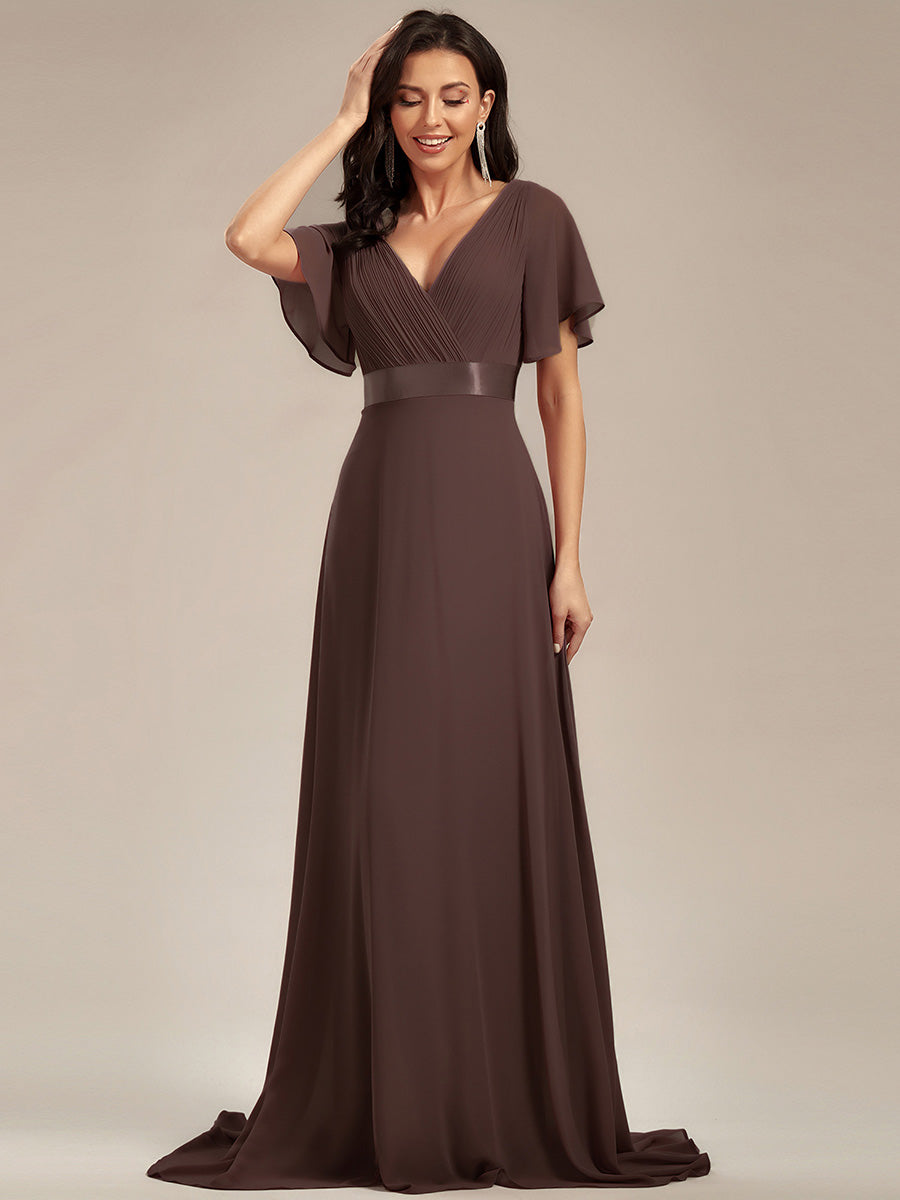 Minimalistisches A-Line Maxi Chiffon Brautkleid mit Satingürtel #Farbe_Espressobraun