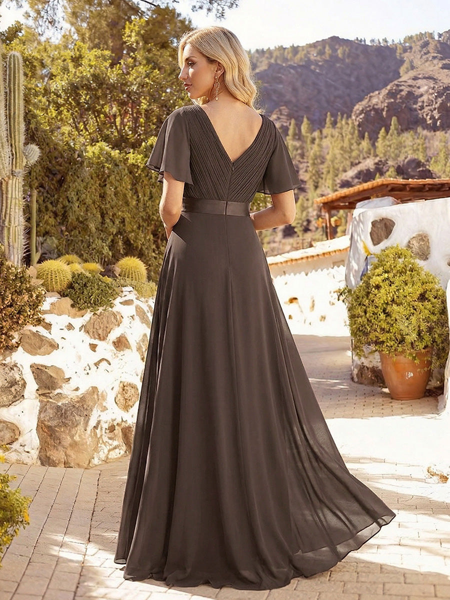 Minimalistisches A-Line Maxi Chiffon Brautkleid mit Satingürtel #Farbe_Espressobraun