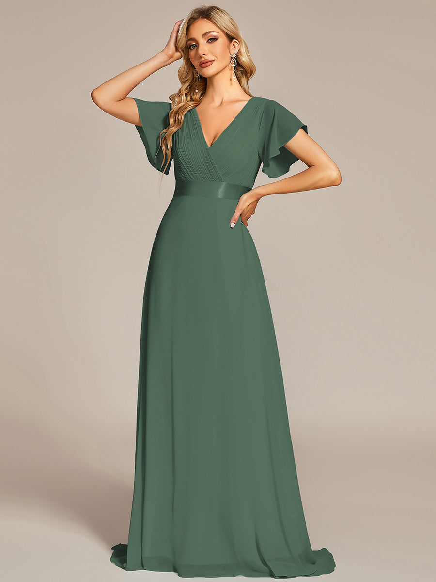 Langes Brautjungfernkleid mit Empire-Taille und kurzen, flatternden Ärmeln #Farbe_Eukalyptus