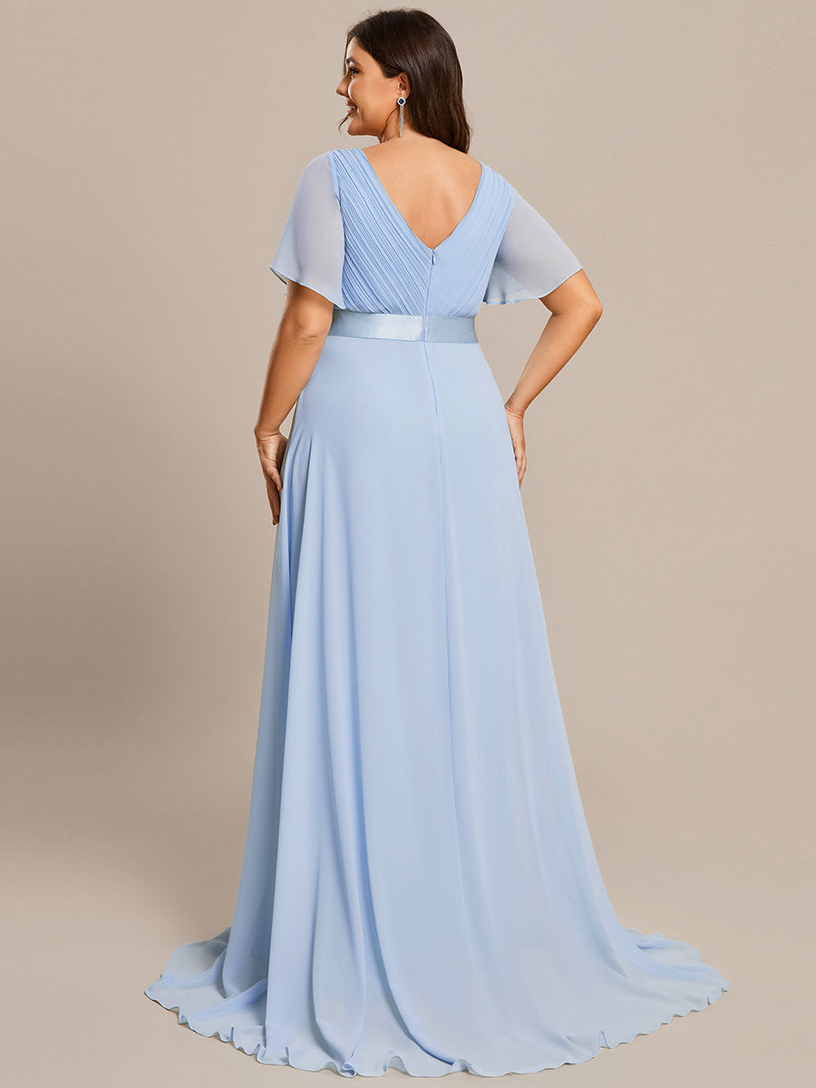 Minimalistisches A-Line Maxi Chiffon Brautkleid mit Satingürtel #Farbe_Eisblau