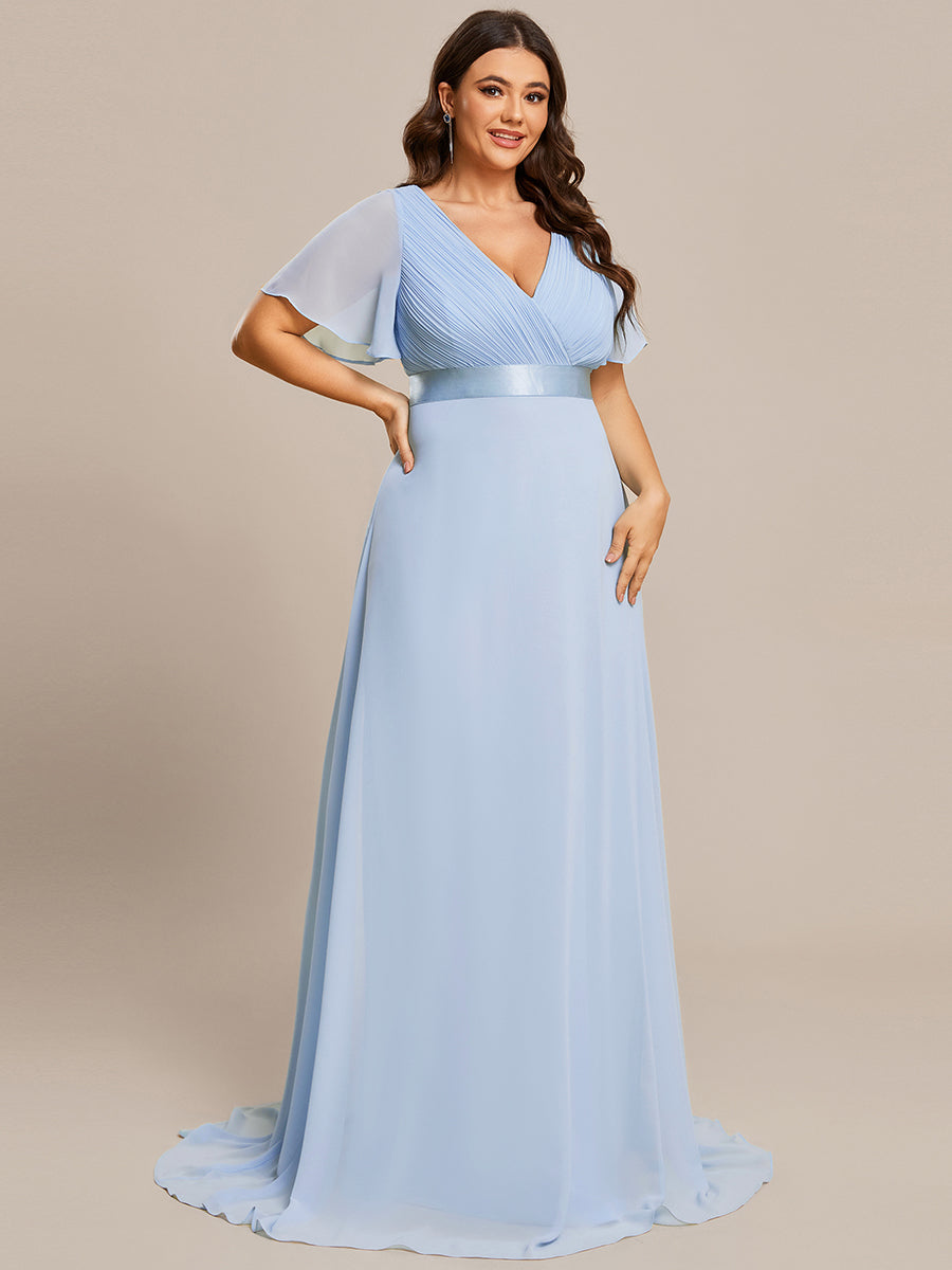 Minimalistisches A-Line Maxi Chiffon Brautkleid mit Satingürtel #Farbe_Eisblau