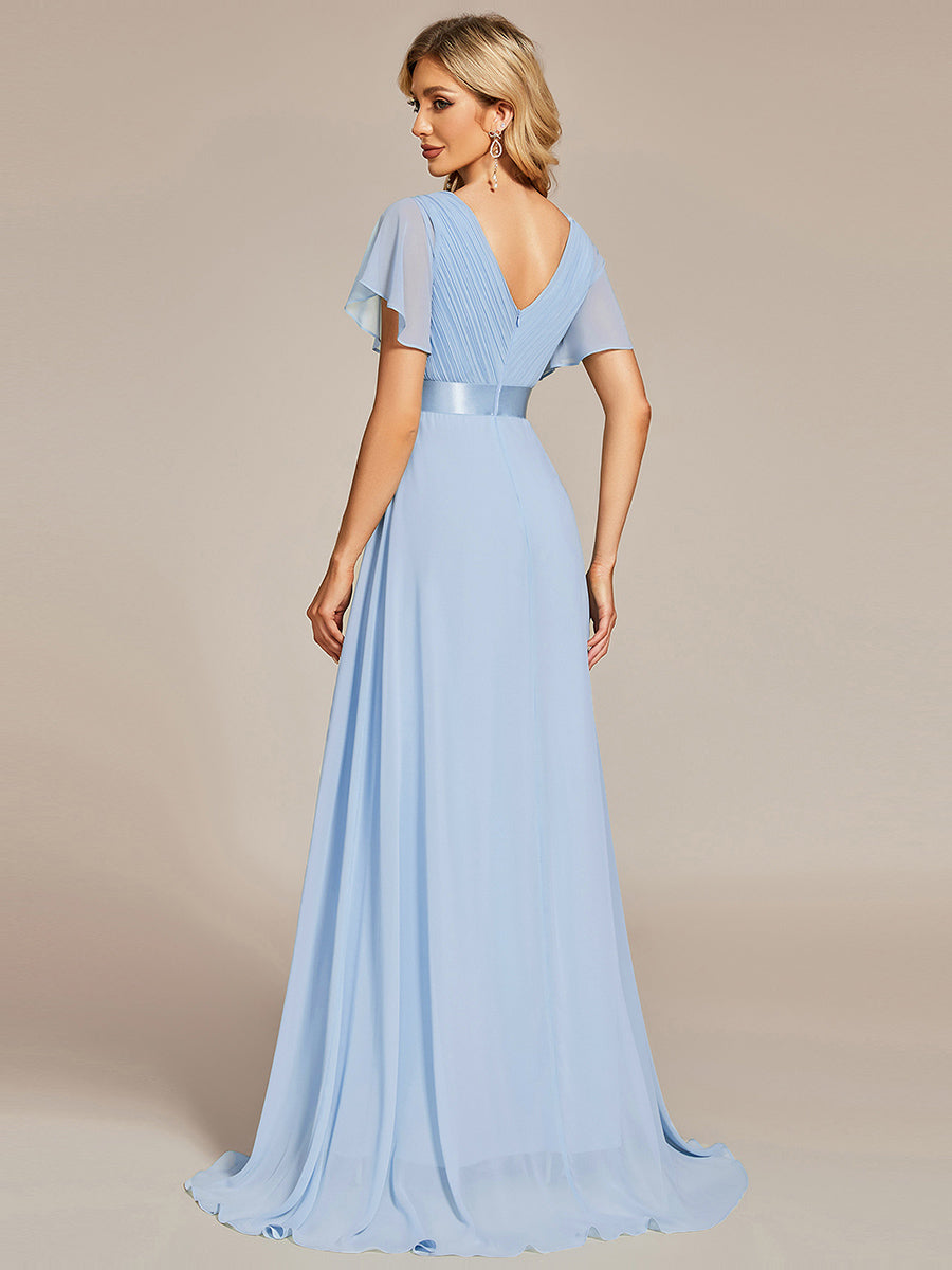 Minimalistisches A-Line Maxi Chiffon Brautkleid mit Satingürtel #Farbe_Eisblau