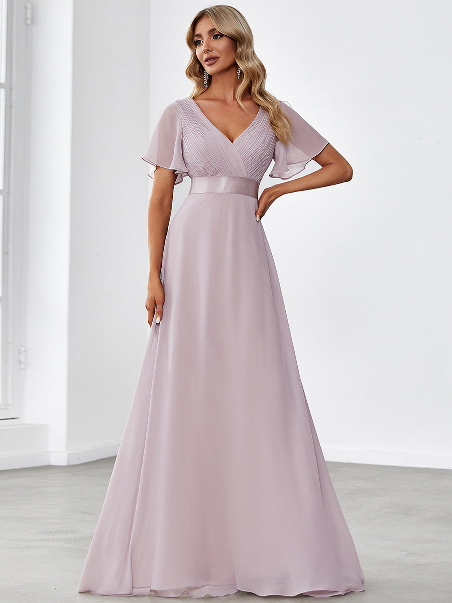 Minimalistisches A-Line Maxi Chiffon Brautkleid mit Satingürtel #Farbe_Flieder