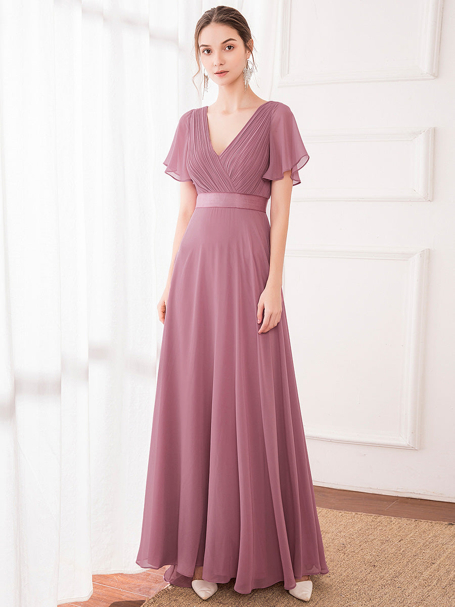 Langes Brautjungfernkleid mit Empire-Taille und kurzen, flatternden Ärmeln #Farbe_Orchid