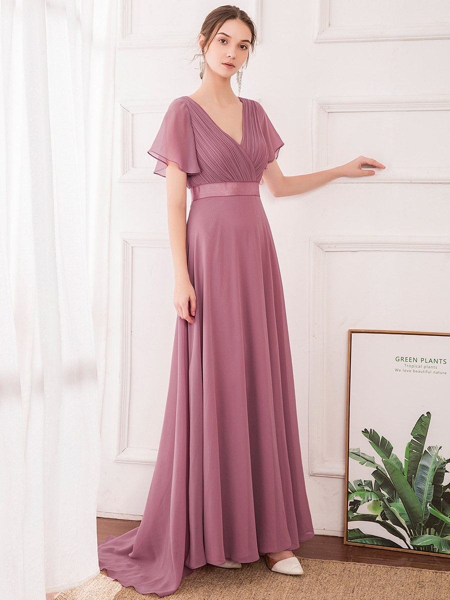 Langes Brautjungfernkleid mit Empire-Taille und kurzen, flatternden Ärmeln #Farbe_Orchid