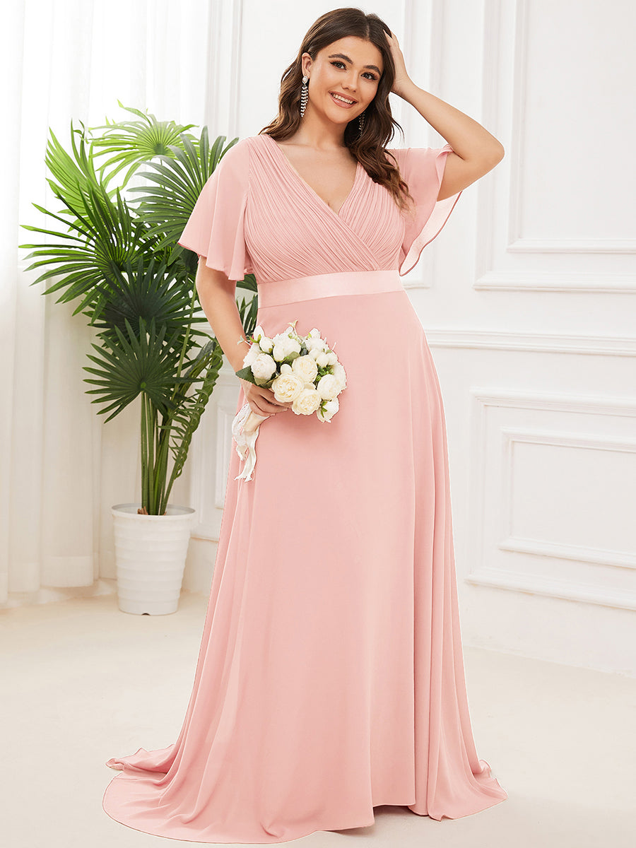 Damen V-Ausschnitt Chiffon Lange Abendkleider mit Schleppe #Farbe_Rosa