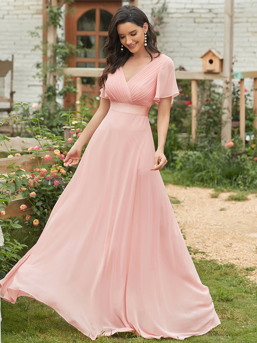 Elegantes Kleid für Hochzeitsgäste in A-Linie mit V-Ausschnitt und Flatterärmeln