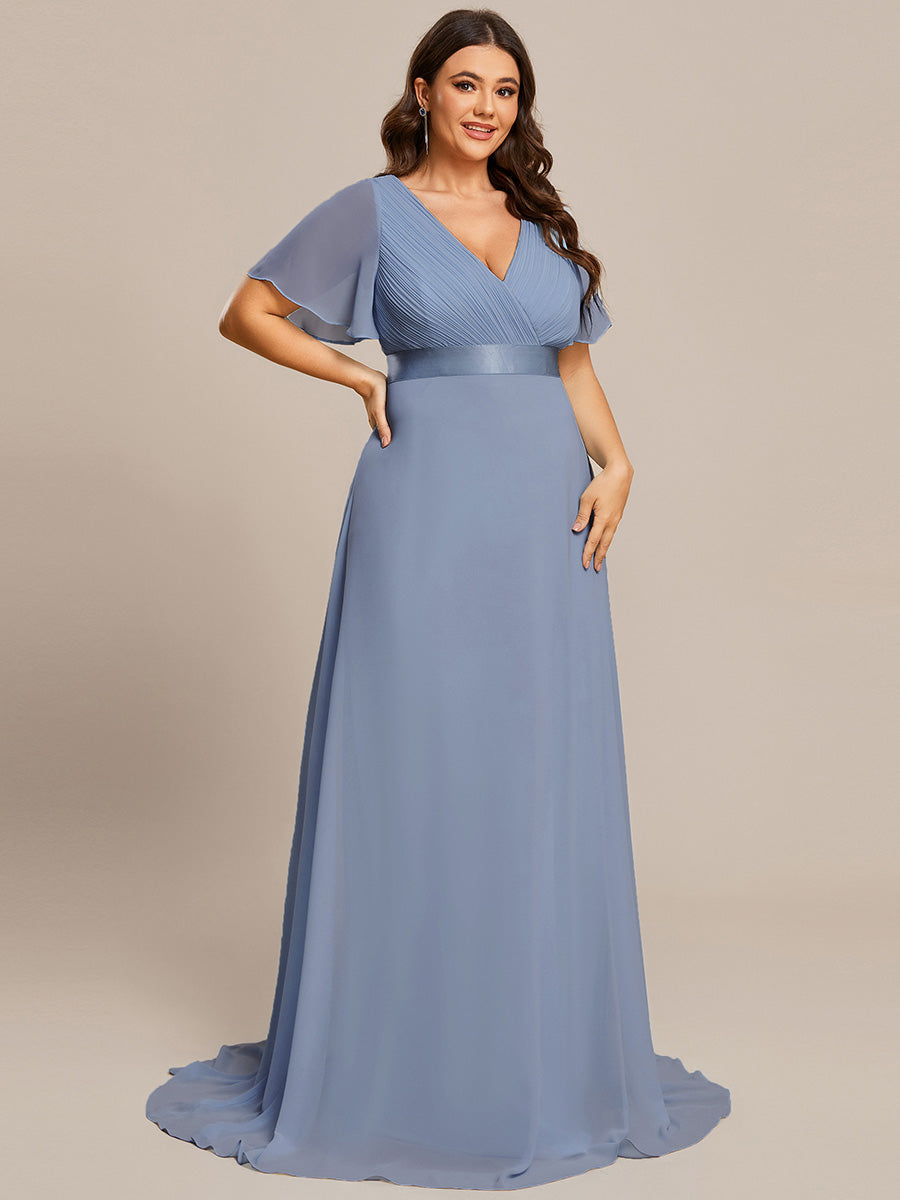 Minimalistisches A-Line Maxi Chiffon Brautkleid mit Satingürtel #Farbe_Schieferblau