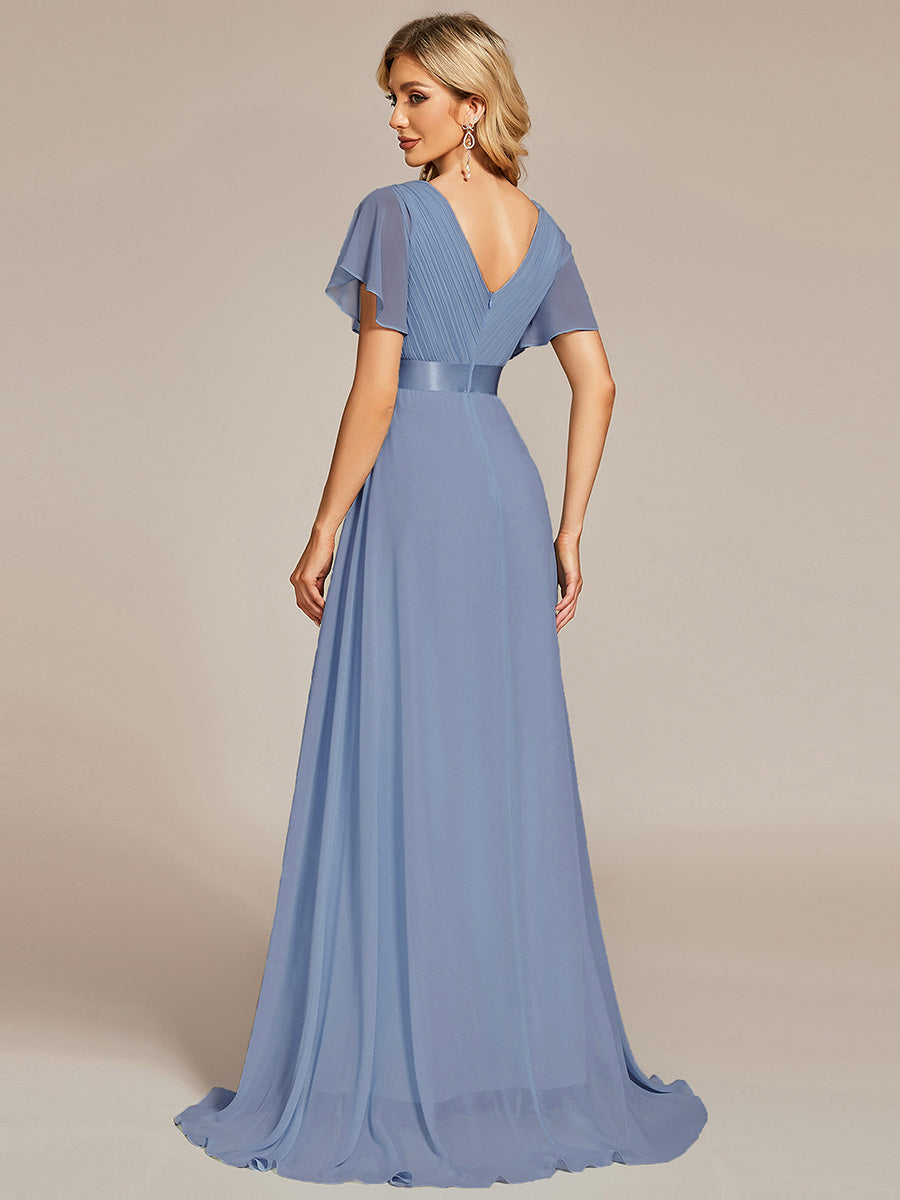 Minimalistisches A-Line Maxi Chiffon Brautkleid mit Satingürtel #Farbe_Schieferblau