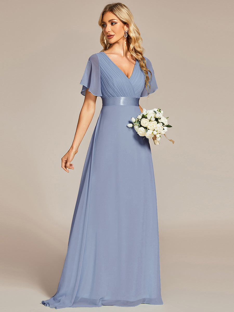 Minimalistisches A-Line Maxi Chiffon Brautkleid mit Satingürtel #Farbe_Schieferblau