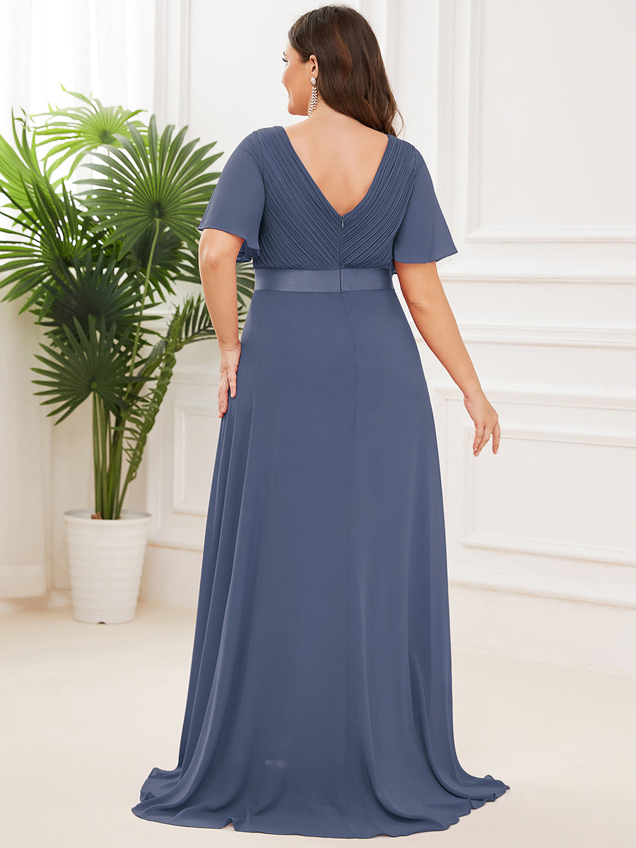 Damen V-Ausschnitt Lange Chiffon Abendkleider mit Schleppe #Farbe_Stahlblau