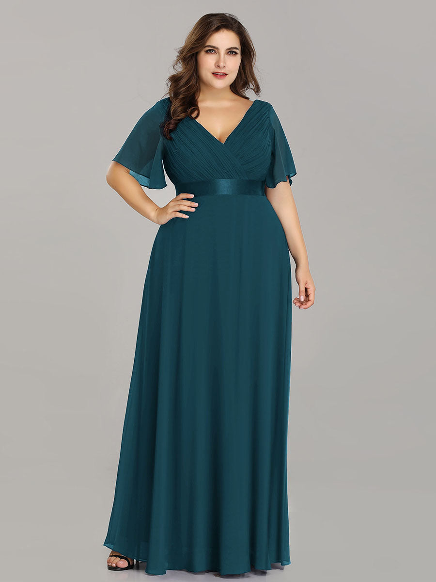 Damen V-Ausschnitt Lange Chiffon Abendkleider mit Schleppe #Farbe_Petrol