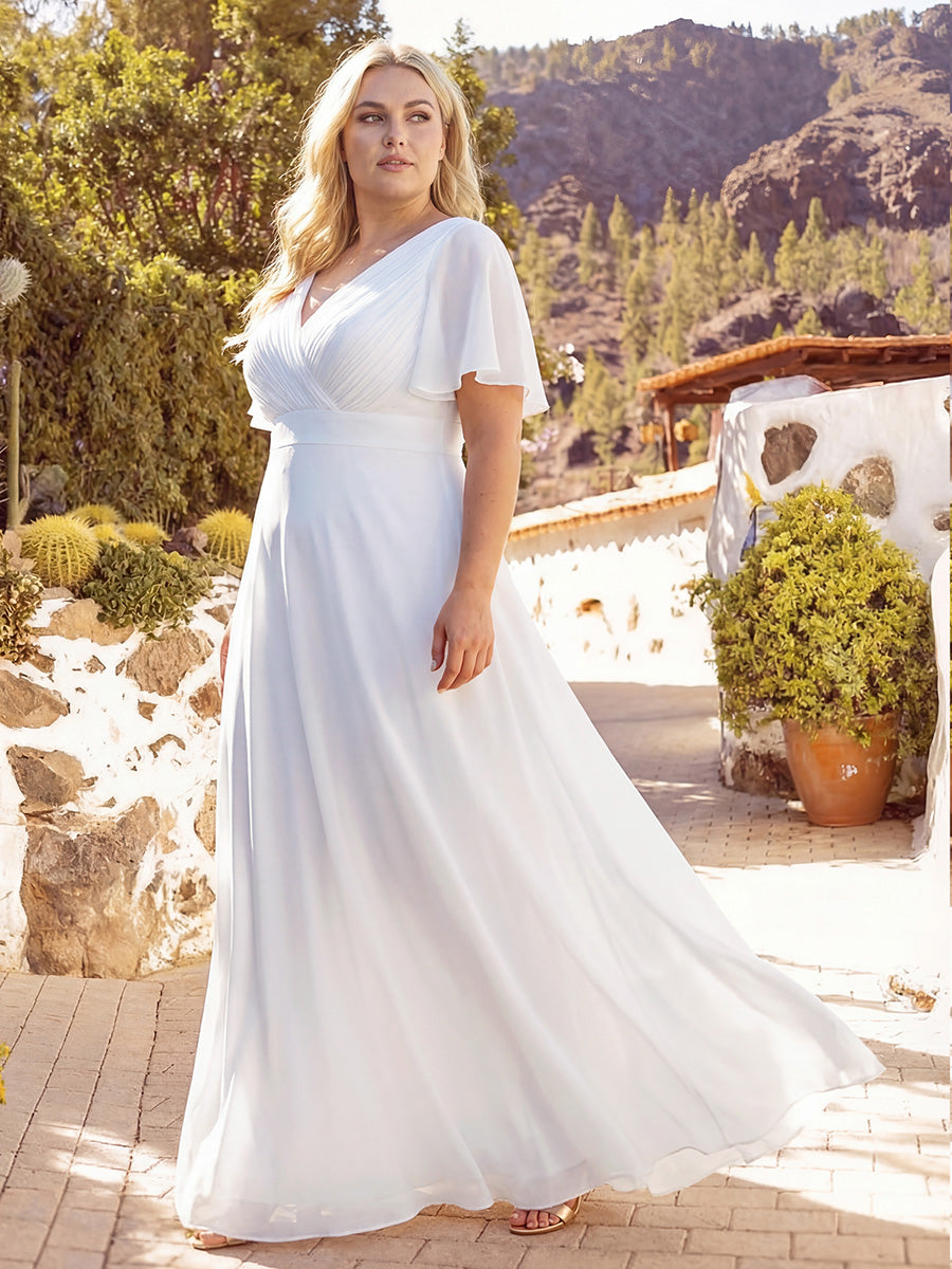 Damen V-Ausschnitt Lange Chiffon Abendkleider mit Schleppe #Farbe_Weiß