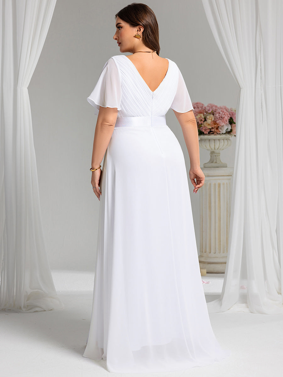 Damen V-Ausschnitt Chiffon Lange Abendkleider mit Schleppe #Farbe_Weiß