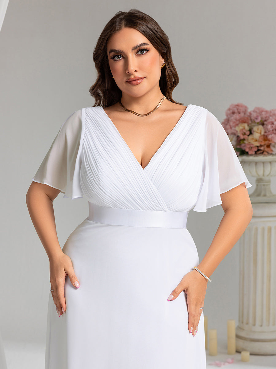 Damen V-Ausschnitt Chiffon Lange Abendkleider mit Schleppe #Farbe_Weiß