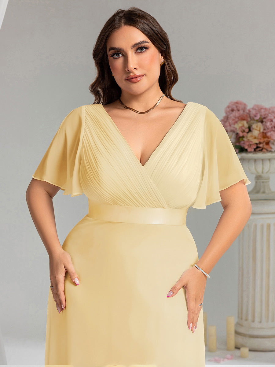 Damen V-Ausschnitt Lange Chiffon Abendkleider mit Schleppe #Farbe_Gelb