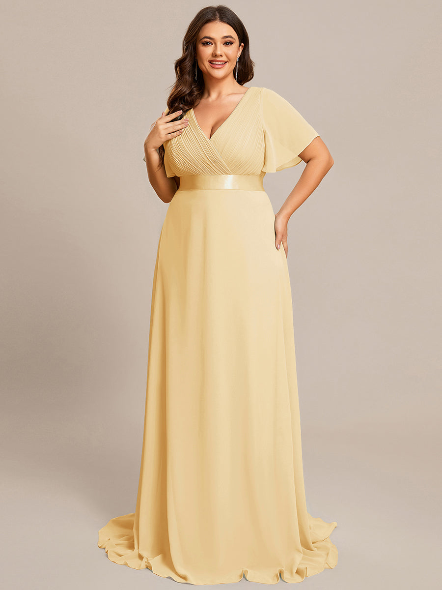 Damen V-Ausschnitt Chiffon Lange Abendkleider mit Schleppe #Farbe_Gelb