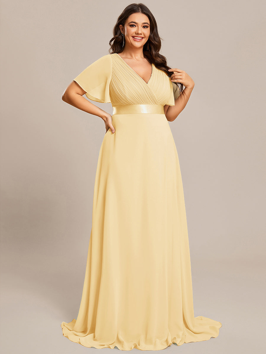 Damen V-Ausschnitt Chiffon Lange Abendkleider mit Schleppe #Farbe_Gelb