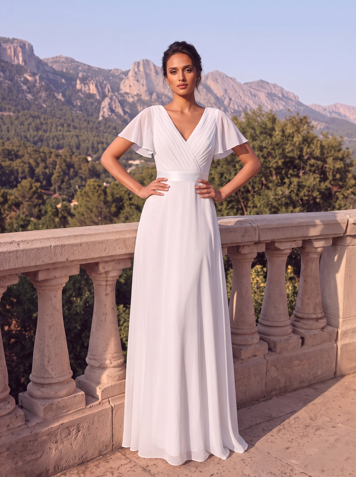 Langes Brautjungfernkleid mit Empire-Taille und kurzen, flatternden Ärmeln #Farbe_Weiß