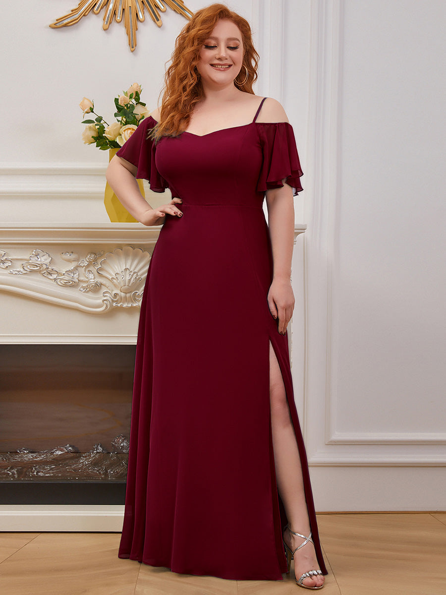 Bodenlanger Offshoulder A-Linien Chiffon Kleid Mit Hohem Schlitz #Farbe_Burgunderrot