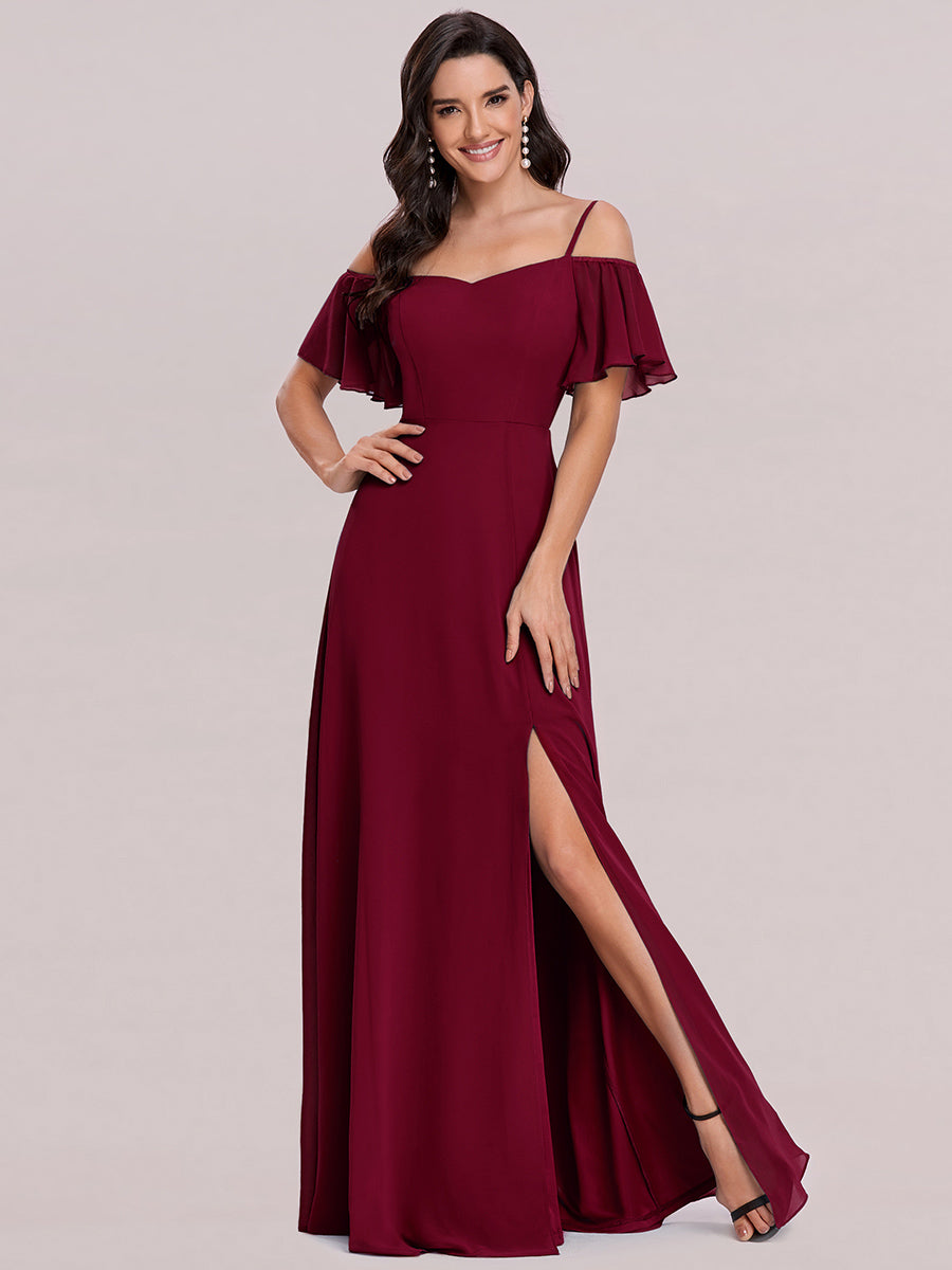 Bodenlanger Offshoulder A-Linien Chiffon Kleid Mit Hohem Schlitz #Farbe_Burgunderrot