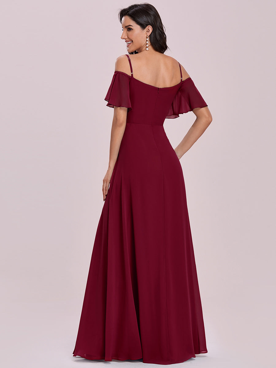 Bodenlanger Offshoulder A-Linien Chiffon Kleid Mit Hohem Schlitz #Farbe_Burgunderrot
