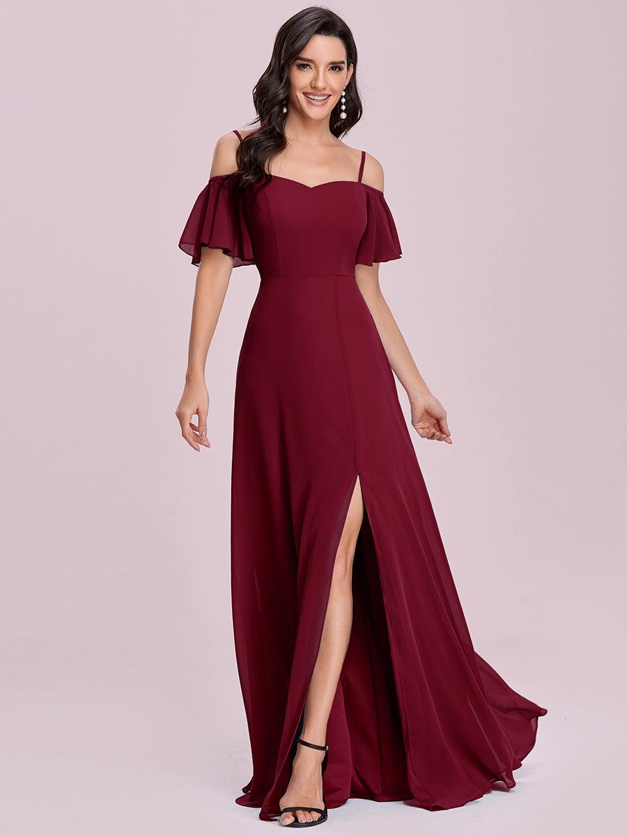 Bodenlanger Offshoulder A-Linien Chiffon Kleid Mit Hohem Schlitz #Farbe_Burgunderrot