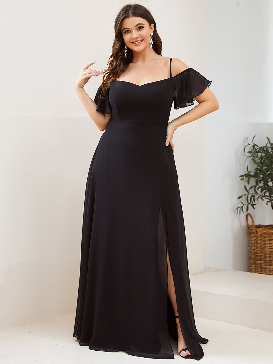 Bodenlanger Offshoulder A-Linien Chiffon Kleid Mit Hohem Schlitz #Farbe_Schwarz