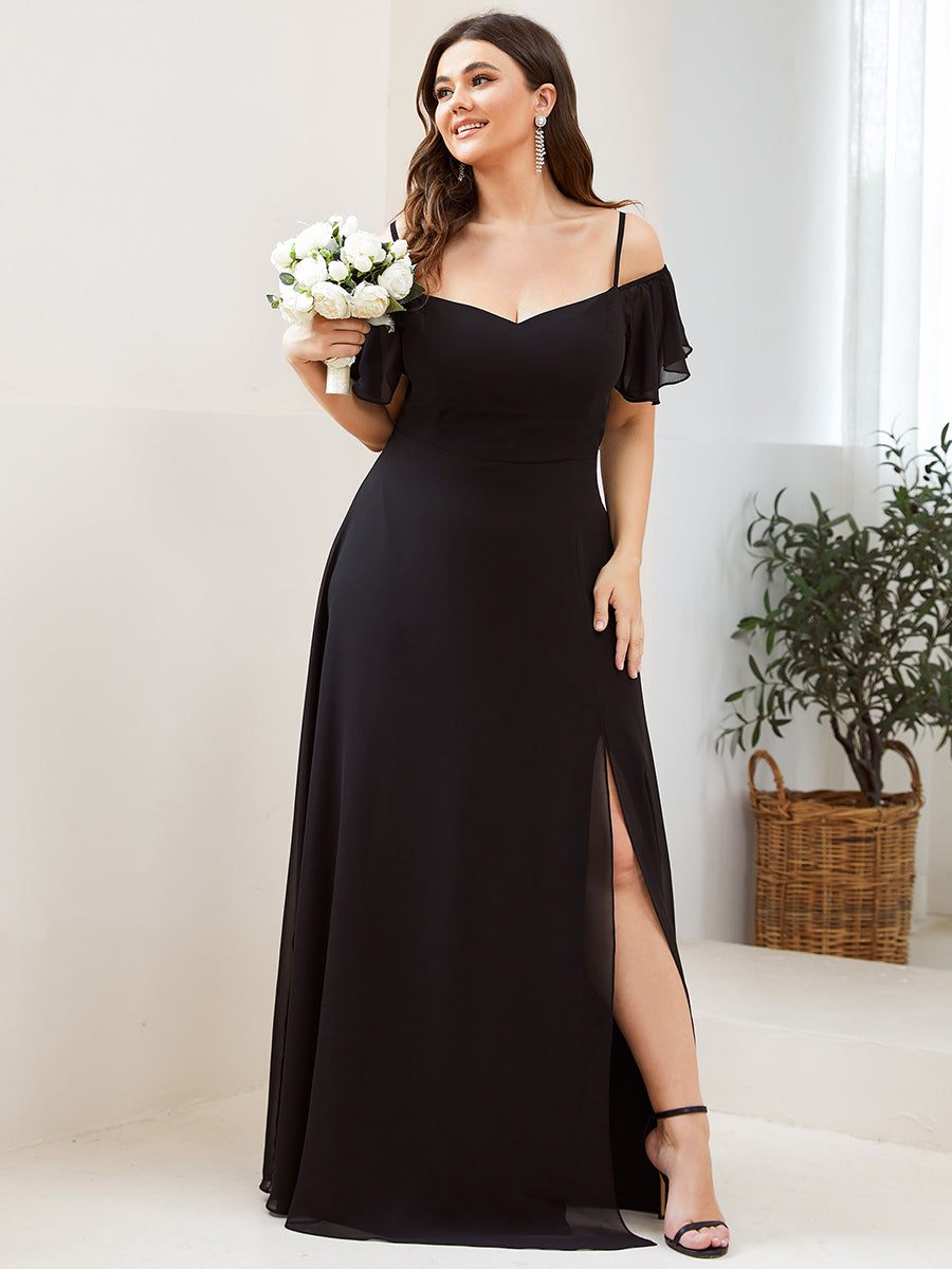 Bodenlanger Offshoulder A-Linien Chiffon Kleid Mit Hohem Schlitz #Farbe_Schwarz