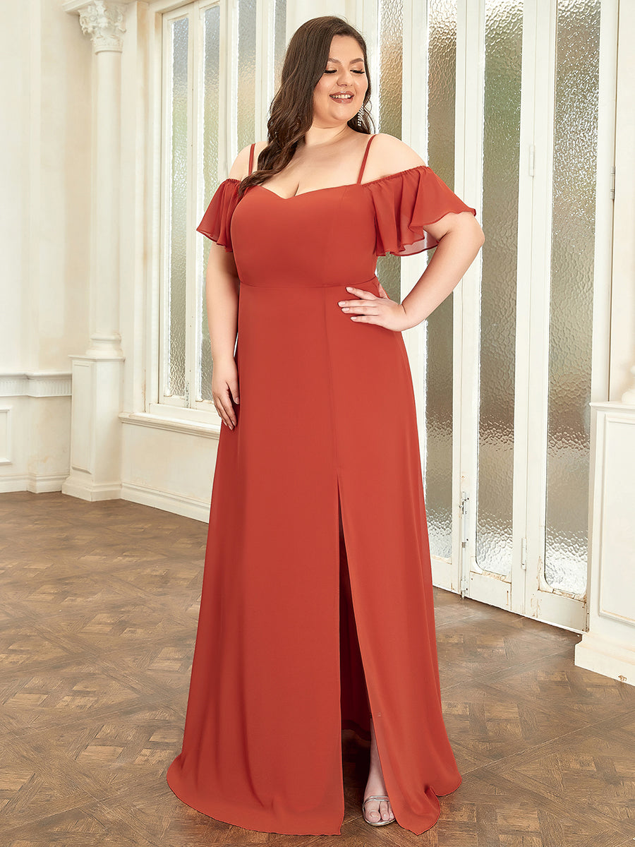 Bodenlanger Offshoulder A-Linien Chiffon Kleid Mit Hohem Schlitz #Farbe_Gebranntes Orange