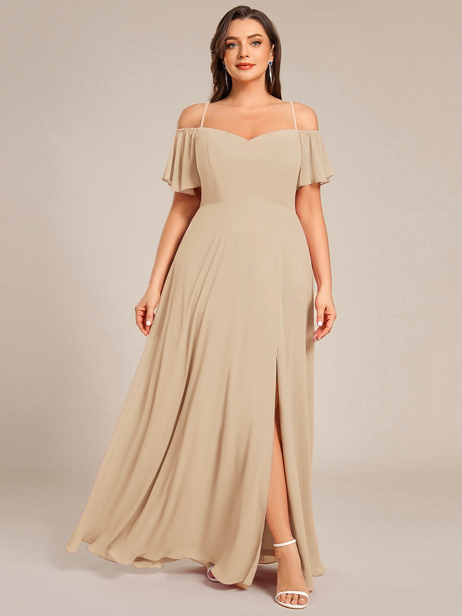 Bodenlanger Offshoulder A-Linien Chiffon Kleid Mit Hohem Schlitz #Farbe_Champagner